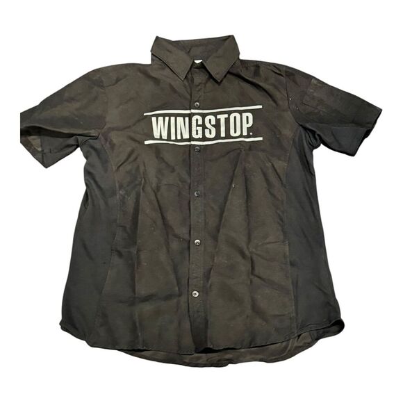 Wing Stop Men Button Up Shirt Small Black Logo Graphic Short Sleeve Collar‎ - Picture 1 of 6